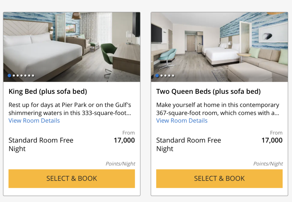 Screenshot of hotel cost in points